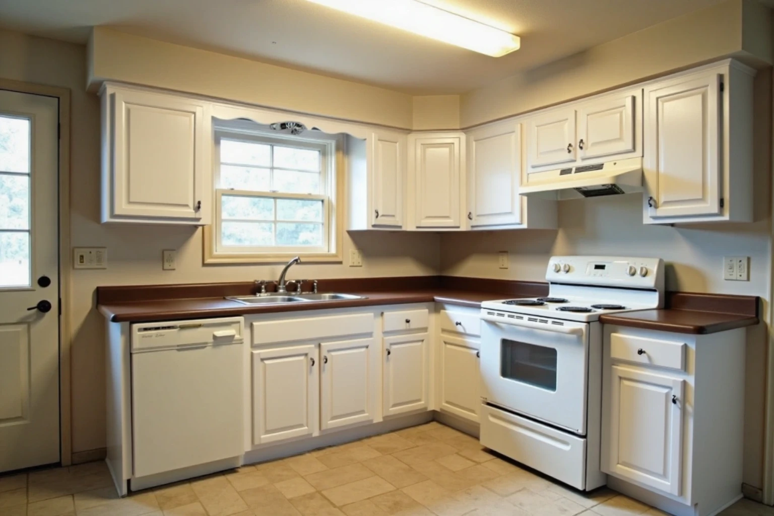 The same kitchen with white painted raised-panel doors and drawer fronts, the brown laminate counters and white appliances unchanged.