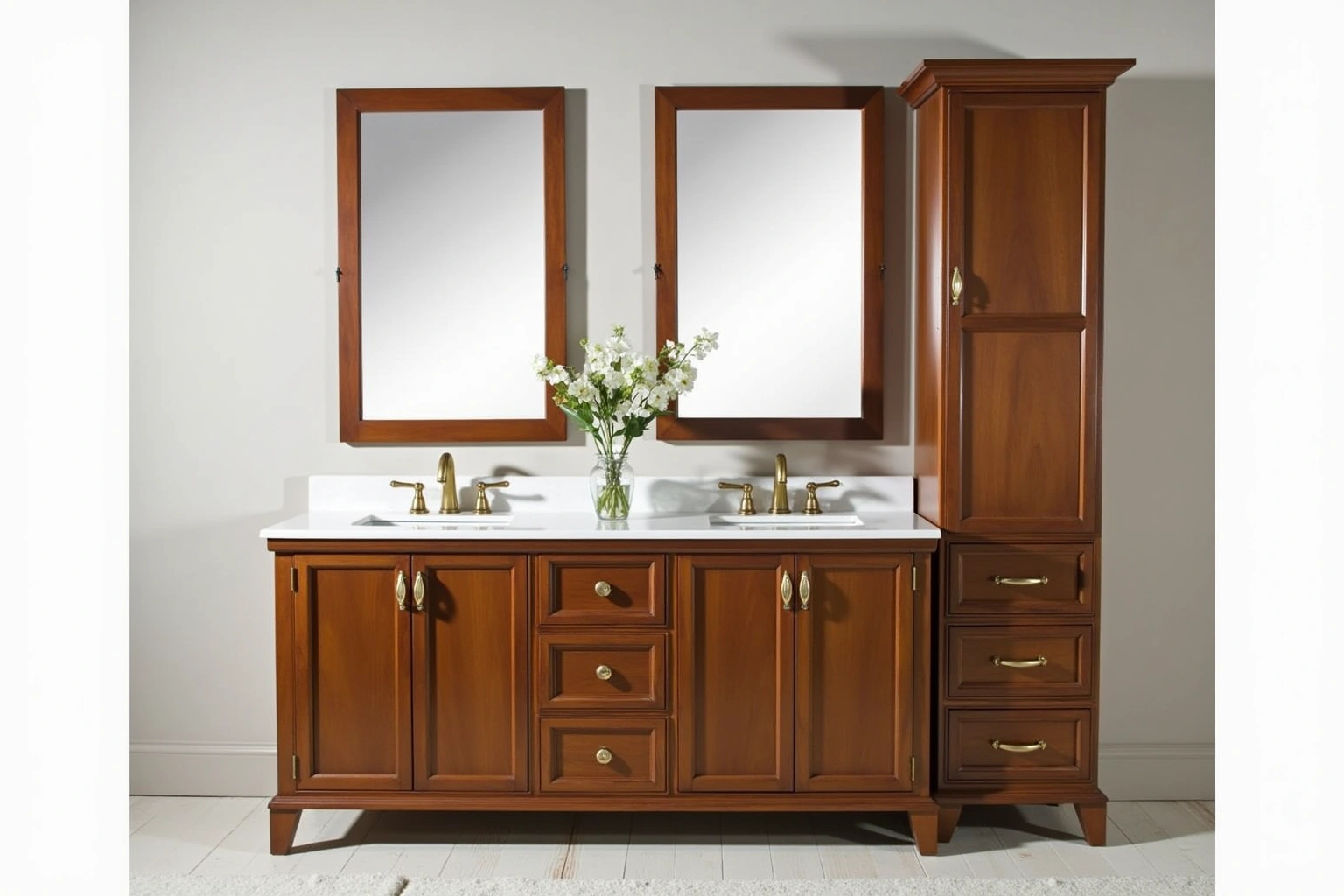 Walnut double vanity with a white quartz top, two sinks, brass faucets, framed mirrors and a tall linen cabinet.