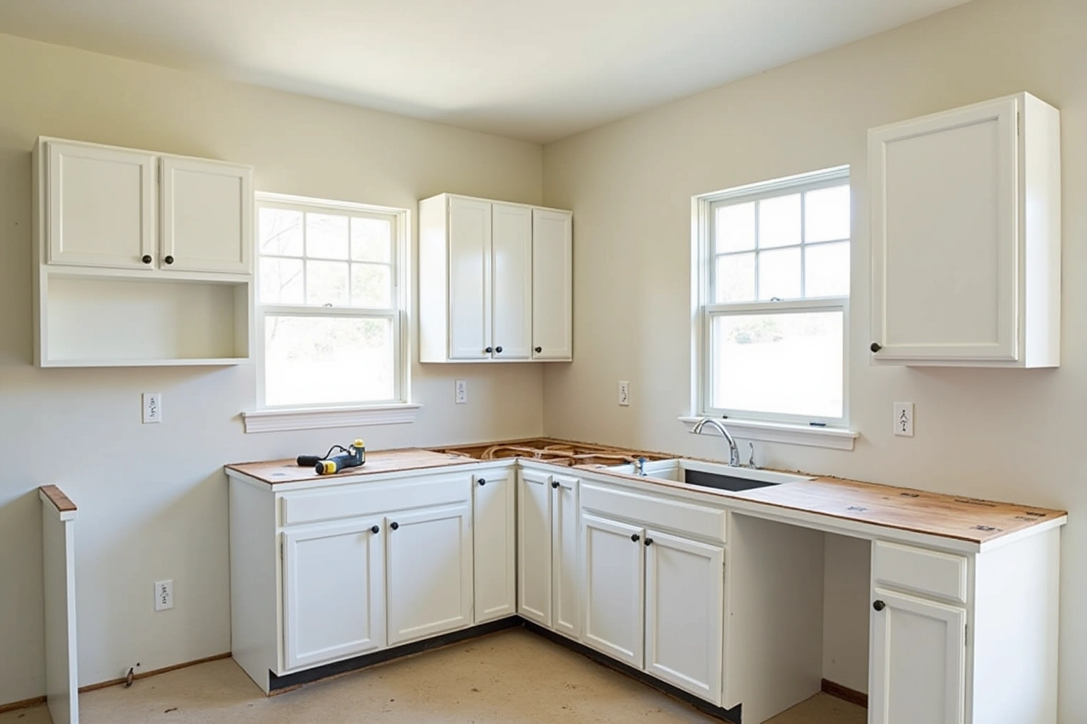 White shaker cabinets set in a new kitchen with plywood subtops, no countertops yet, and a drill on top.