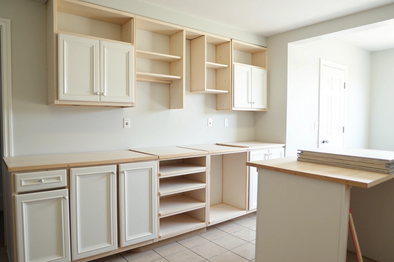 Kitchen mid-refacing with new white raised-panel doors on some boxes, others still bare, and doors stacked on the island.