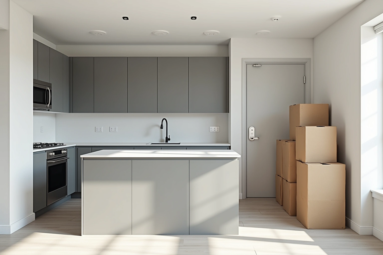 Apartment kitchen with grey flat-panel cabinets, white quartz counters and plain cardboard cartons stacked by the door.