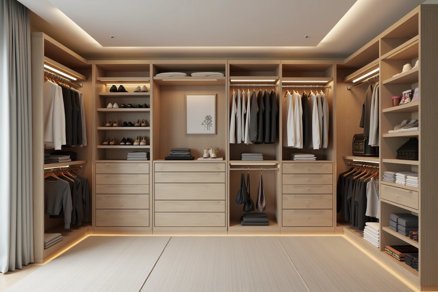 Light oak walk-in closet with lit hanging sections, shoe shelves, banks of drawers and folded clothes on open shelving.