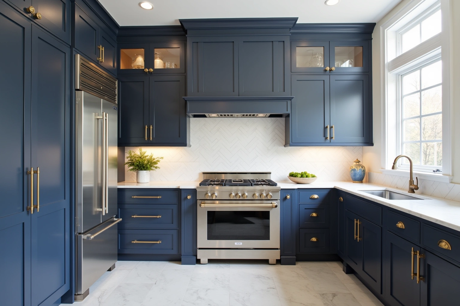 Floor-to-ceiling navy shaker cabinets with brass hardware, a matching hood cabinet, stainless refrigerator and a white herringbone backsplash.