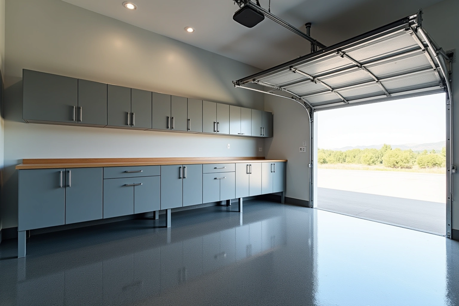 Grey steel garage cabinets on legs, a wood workbench top, glossy epoxy floor and open garage door.