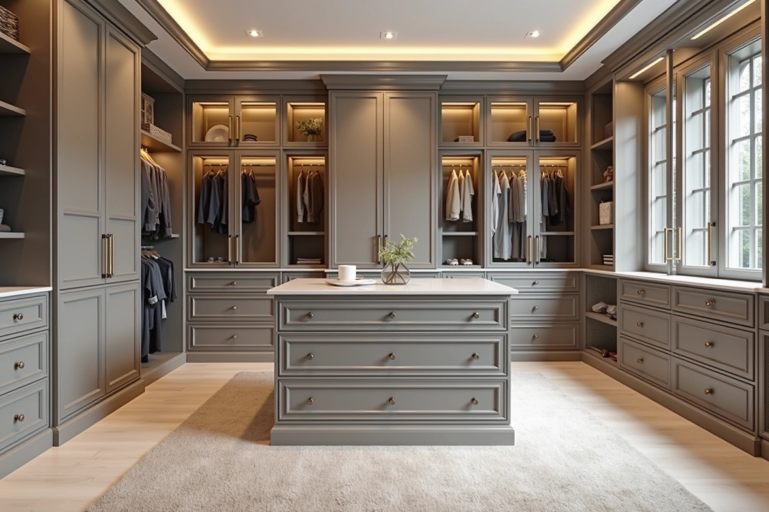 Walk-in closet fitted with grey painted cabinetry, glass-front lit uppers, hanging clothes and a central island of drawers.