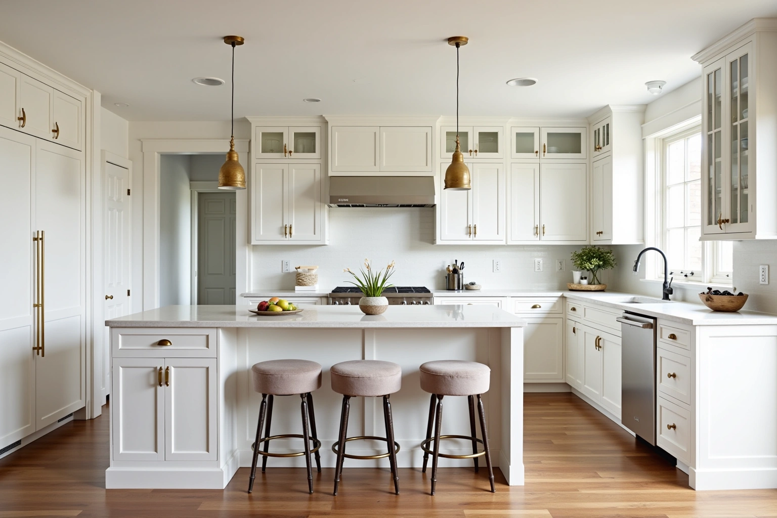 White shaker kitchen with brass pulls, a white island with three blush stools and two brass pendants.