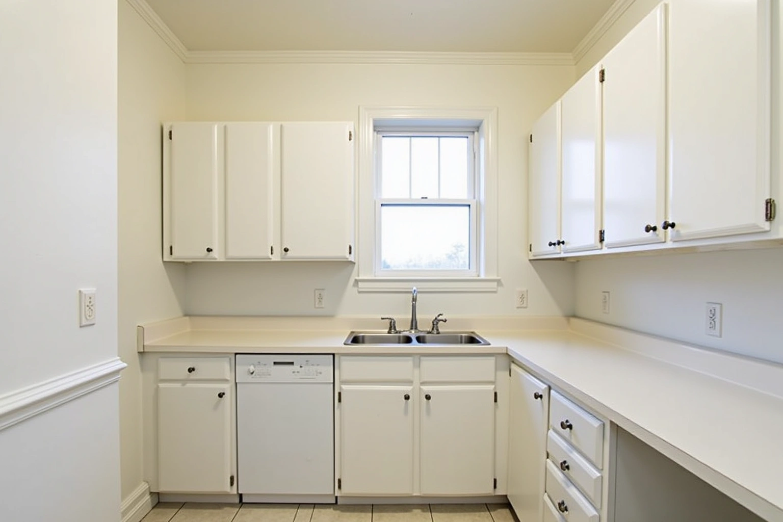 Small white kitchen with flat-panel stock cabinets, a laminate counter, a white dishwasher and a window over the sink.