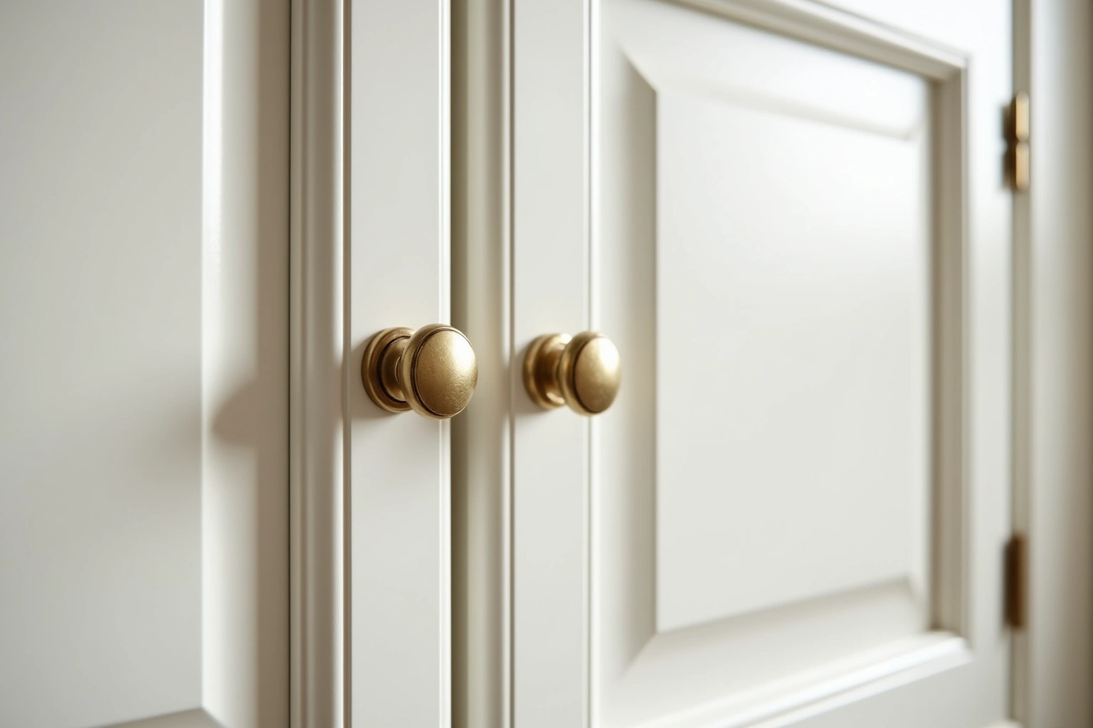 Close view of cream painted cabinet doors with round brass knobs, a raised panel and narrow reveals inside the frame.