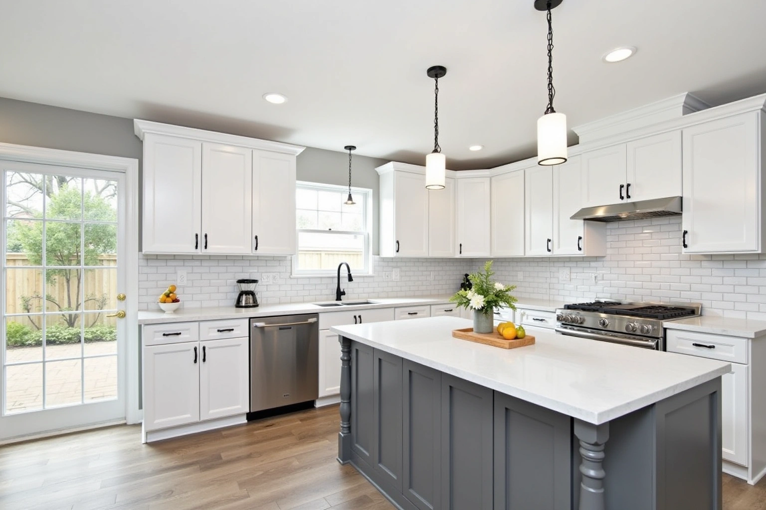 White shaker cabinets with black pulls, a grey island with turned legs, white subway tile and quartz counters.