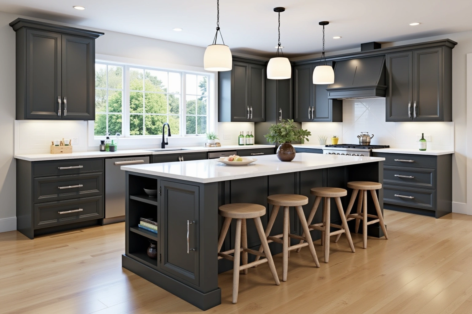 Large charcoal island with an open end bookcase, a white quartz top, four wooden stools and three drum pendants above.