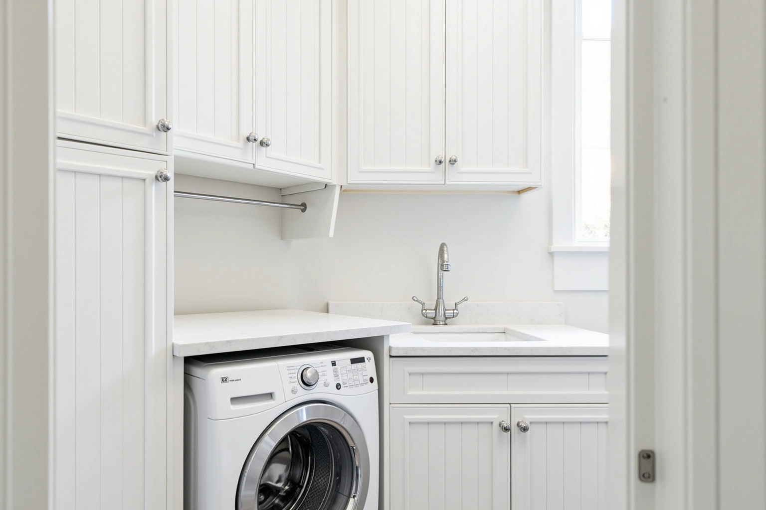 White beadboard laundry cabinets with a hanging rod, a front-loading washer under a quartz counter and a sink.