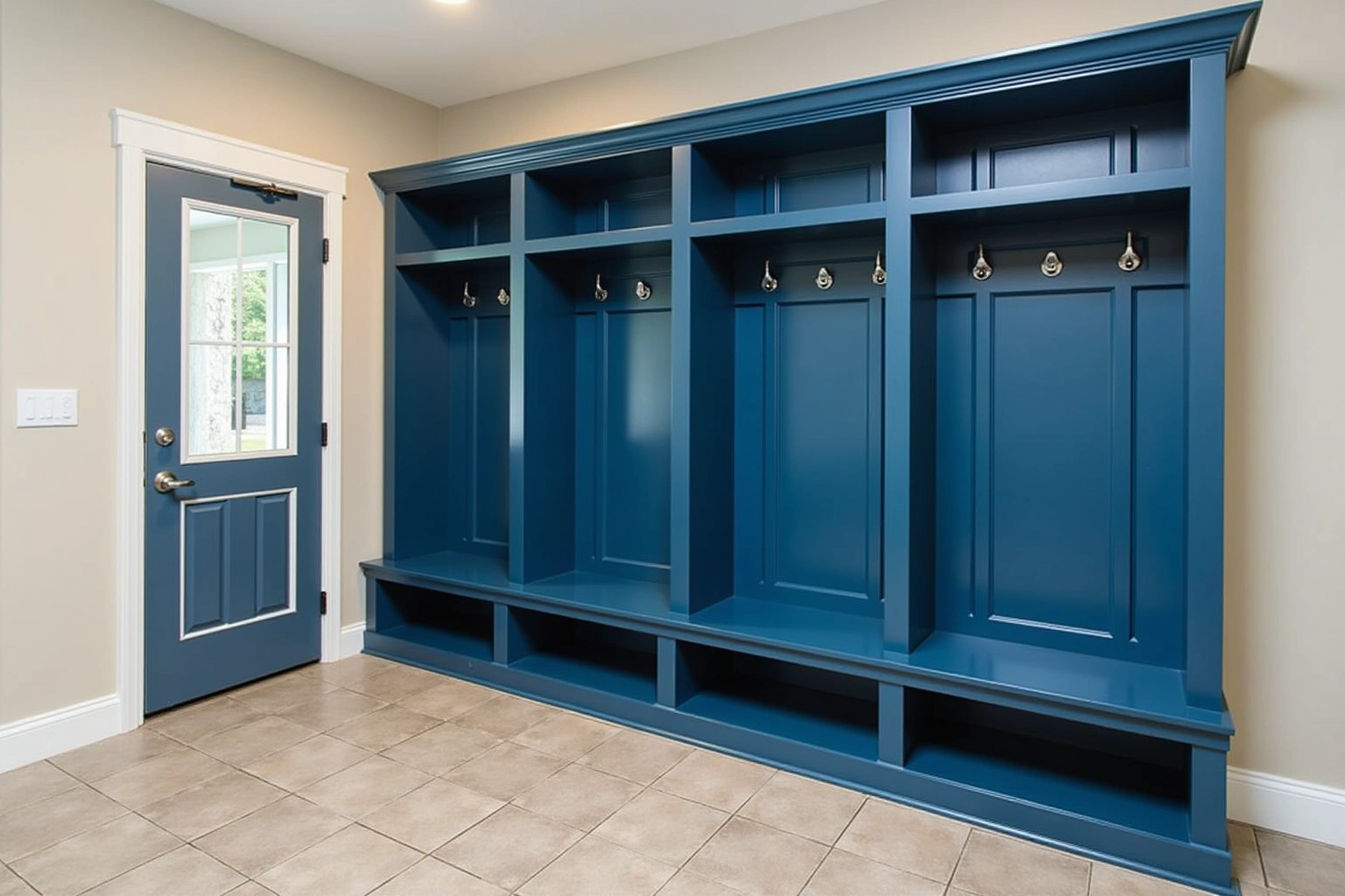 Four deep blue painted mudroom lockers with a shared bench, coat hooks and cubbies above, on a beige tile floor.