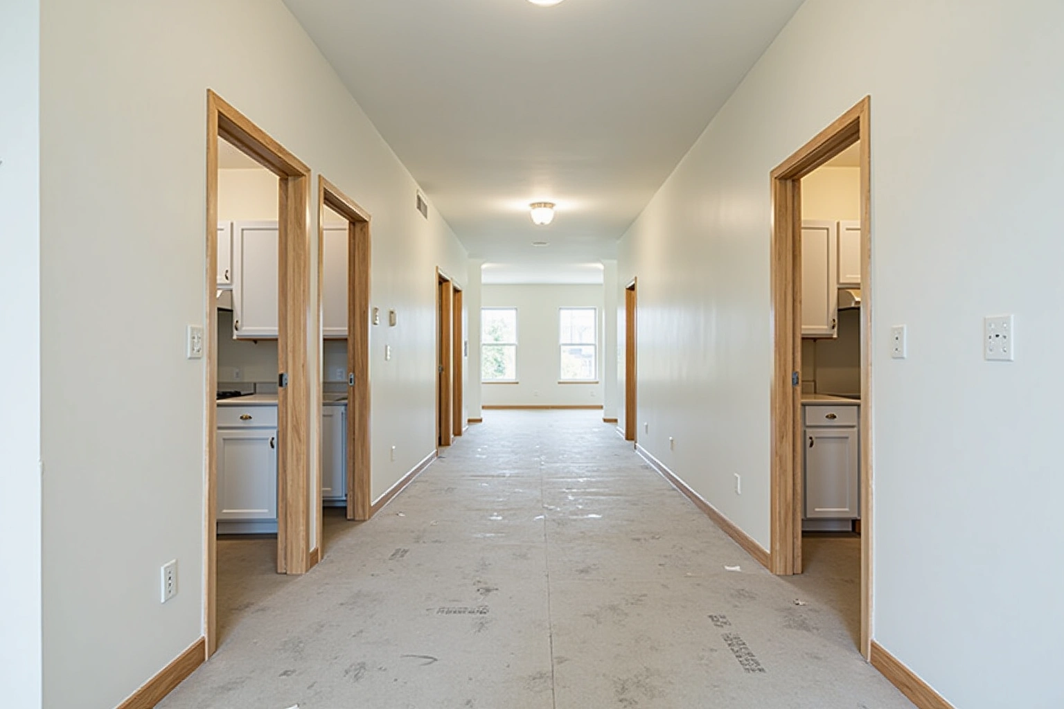 Unfinished apartment corridor with open doorways showing identical white shaker kitchens and paper-covered floors.