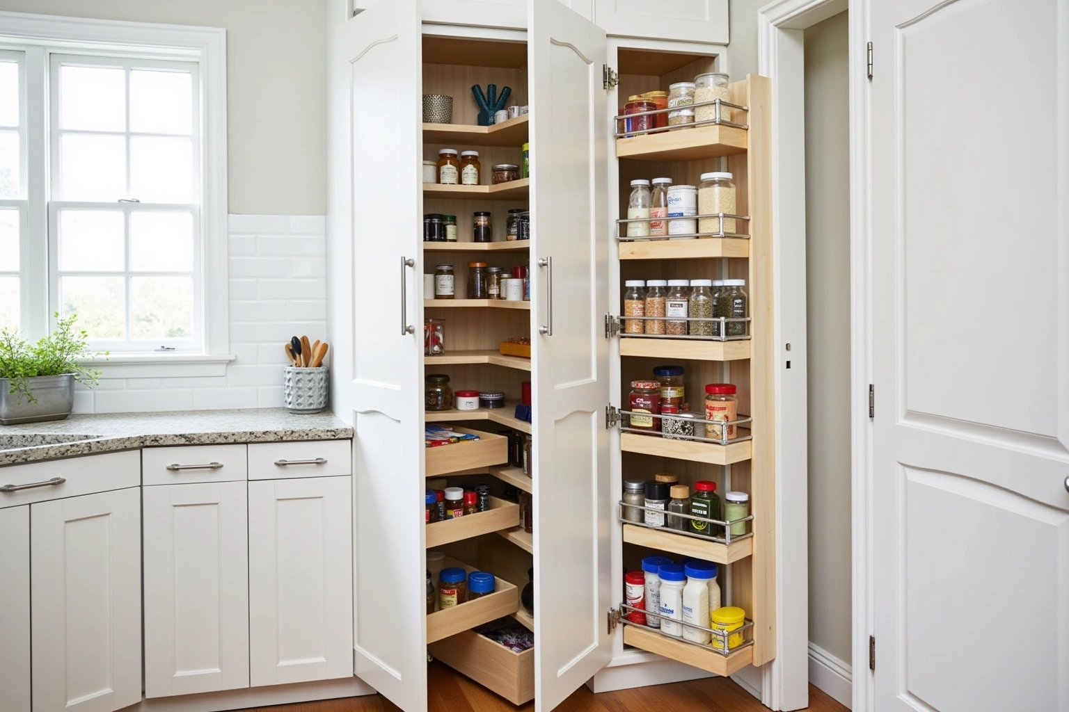 Tall white pantry cabinet with doors open on roll-out trays of jars, and a pull-out spice rack beside it.