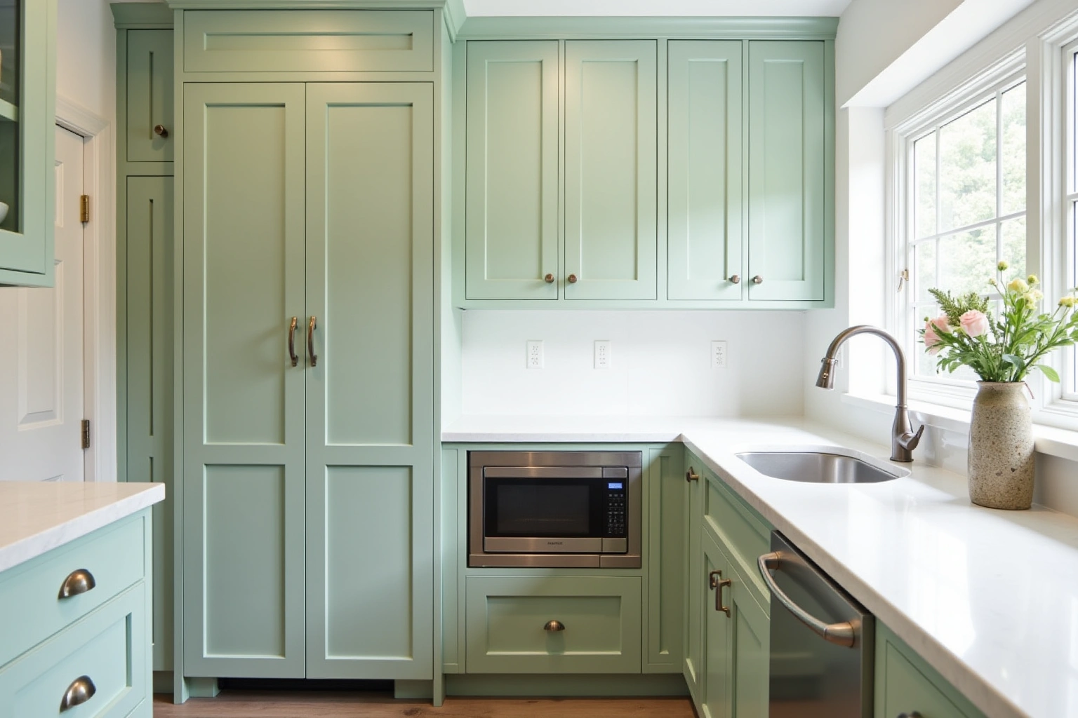Sage green shaker cabinets with a tall double-door pantry, a built-in microwave, cup pulls and white quartz counters.