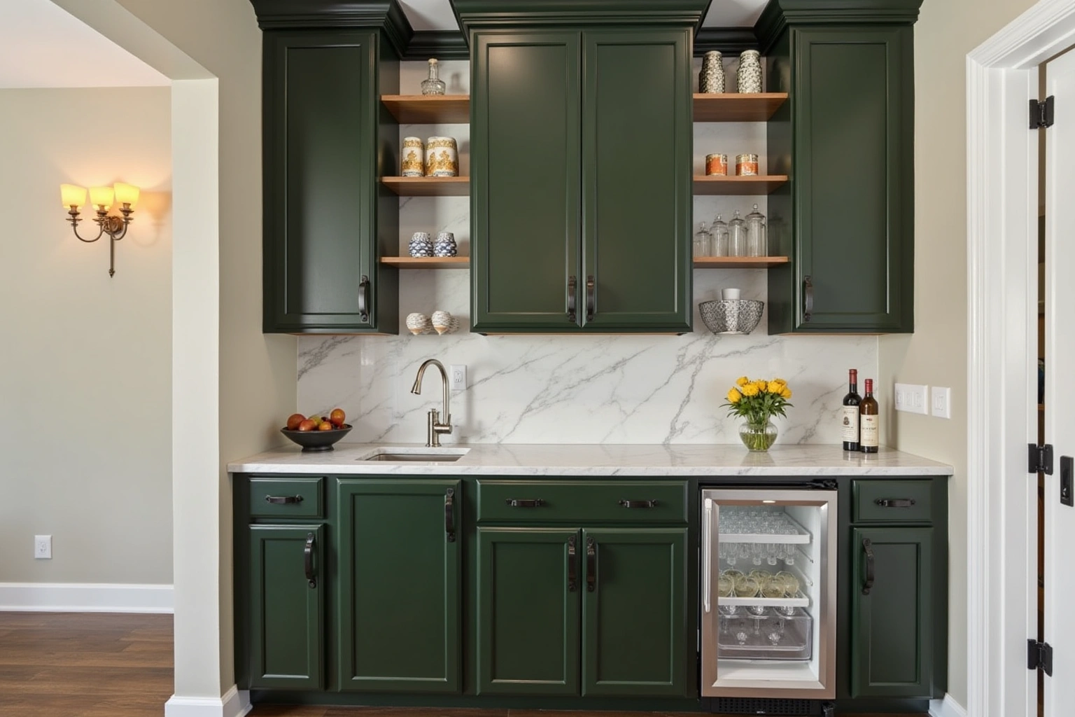 Dark green butler's pantry cabinets with a marble counter, open wood shelves of glassware and an undercounter beverage fridge.