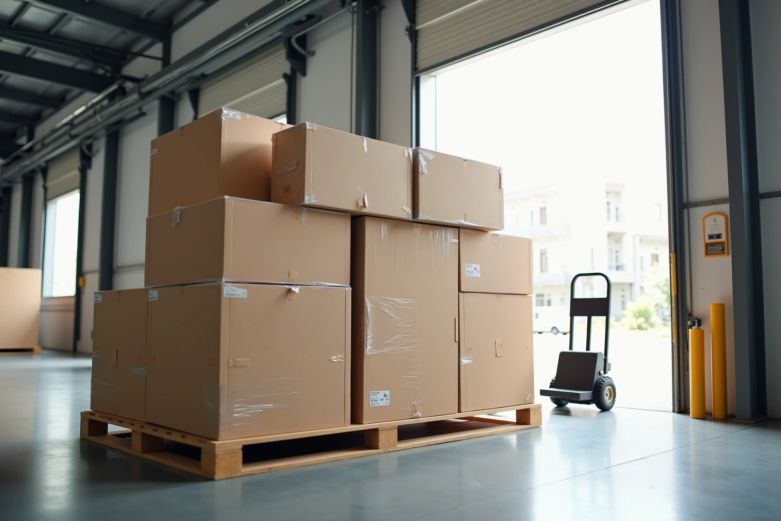 Shrink-wrapped cabinet cartons stacked on a wooden pallet in a warehouse beside a hand truck and loading door.